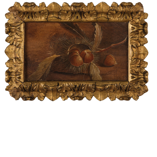 PITTORE DEL XVIII-XIX SECOLO Castagne<br>Tempera su carta su tela, cm 9,5X16,5