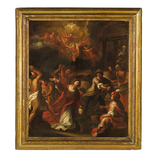 PITTORE GENOVESE DEL XVII SECOLO Martirio di Santo Stefano <br>Olio su tela, cm 66X55,5