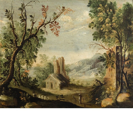 CARLO LODI (attr. a) (Bologna, 1701 - 1765) <br>Paesaggio con casolare e figurette<br>Iscritto sul r
