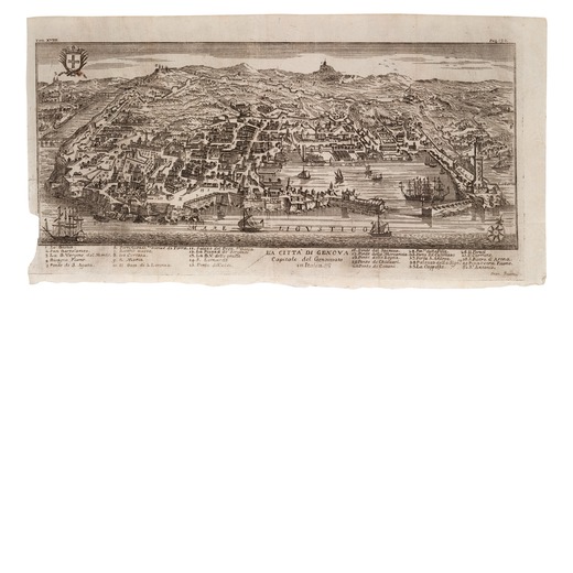 THOMAS SALMON, XVIII SECOLO  Veduta di Genova. Incisione (tomo 18, pag. 190), recante sotto la carti