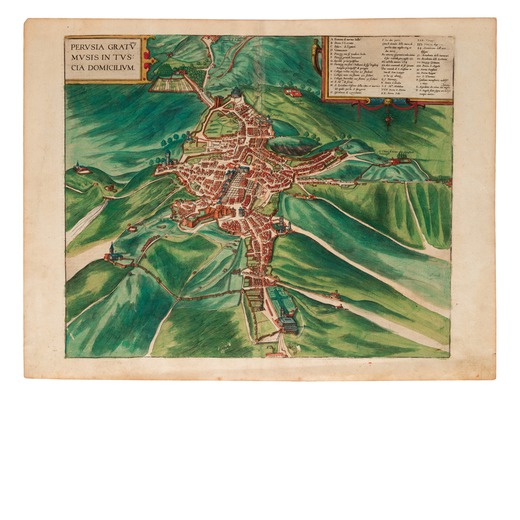 BRAUN & HOGENBERG, 1572 Carta della città di Perugia. Incisione acquarellata, tratta da Civitates O