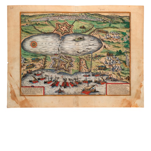 BRAUN & HOGENBERG, 1572 Carta della città di Tunisi. Incisione acquarellata tratta da Civitates Orb