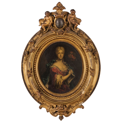 PITTORE DEL XVIII SECOLO Ritratto di dama<br>Olio su tela, cm 17X13,5