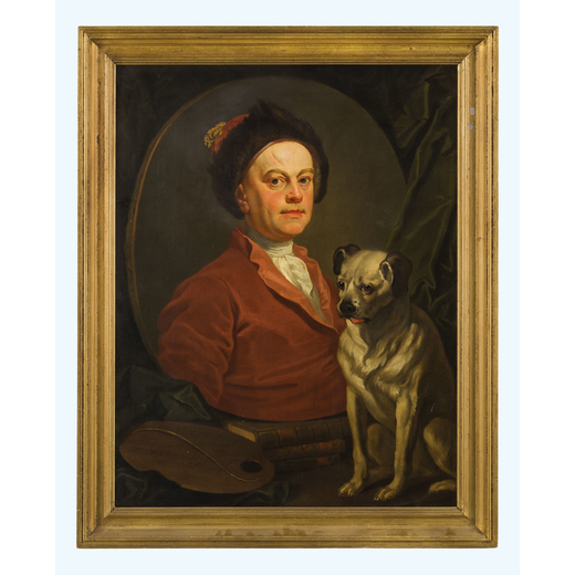 PITTORE DEL XIX SECOLO <br>Ritratto del pittore William Hogarth con il suo cane<br>Olio su tela, cm 