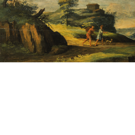 PITTORE DEL XVIII-XIX SECOLO Paesaggio romano con figure<br>Olio su tavola, cm 43X86