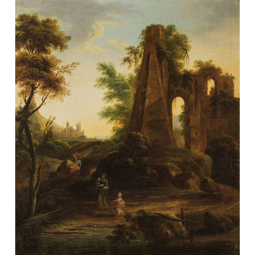 JAN DE MOMPER (attr. a) (Anversa, 1614 - Roma, 1688)<br>Paesaggio con rovine e viandanti<br>Olio su 