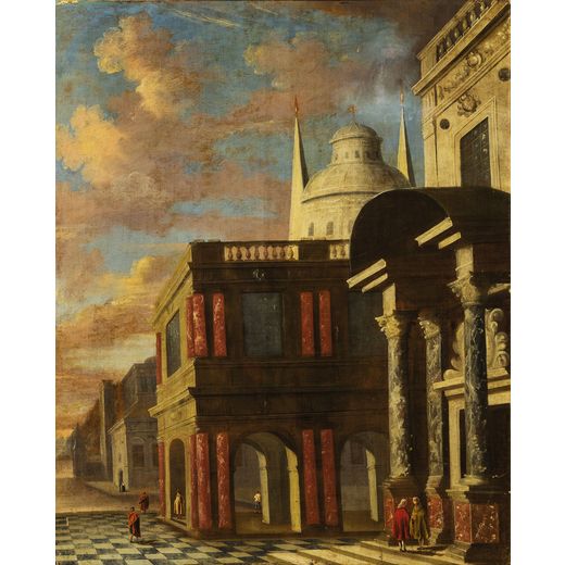 PIER FRANCESCO GAROLA (attr. a) (Giaveno, 1636 - Roma, 1716)<br>Capriccio architettonico con figure<