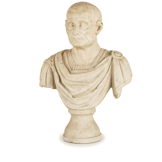 BUSTO IN MARMO, XIX SECOLO raffigurante probabilmente Cicerone su base a plinto circolare; usure, gr