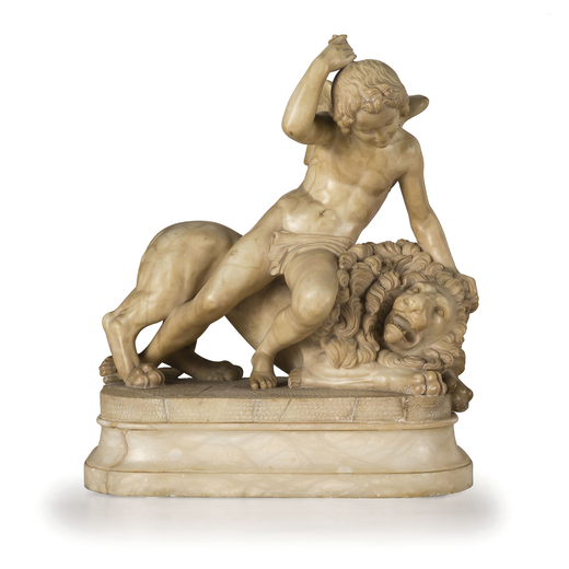 GRUPPO IN ALABASTRO, XIX SECOLO  raffigurante Cupido con leone su base a plinto modanato; usure, gra