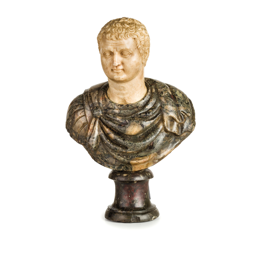 SCULTURA IN MARMI DIVERSI, XVIII SECOLO  raffigurante probabilmente limperatore Tito, testa in alaba