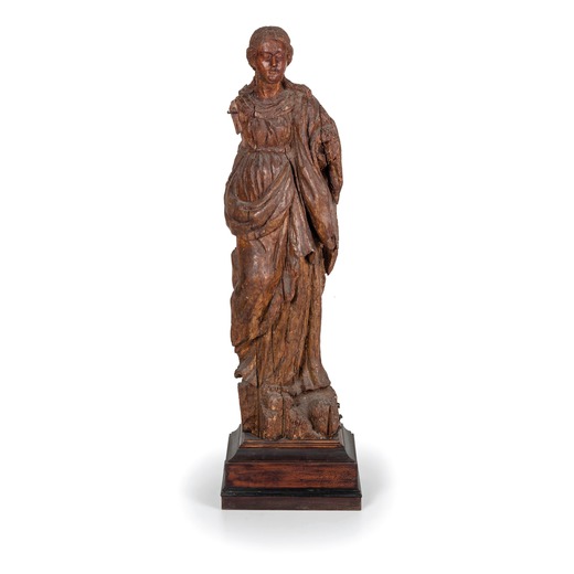 SCULTURA IN LEGNO LACCATO, XVII SECOLO raffigurante figura femminile stante su basamento a plinto mo