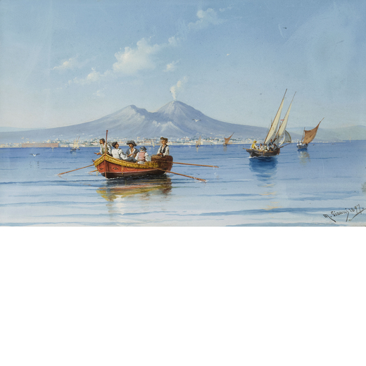 MICHELE GIANNI Attivo tra il XIX e il XX secolo<br>Veduta del Vesuvio con barche e pescatori<br>Firm