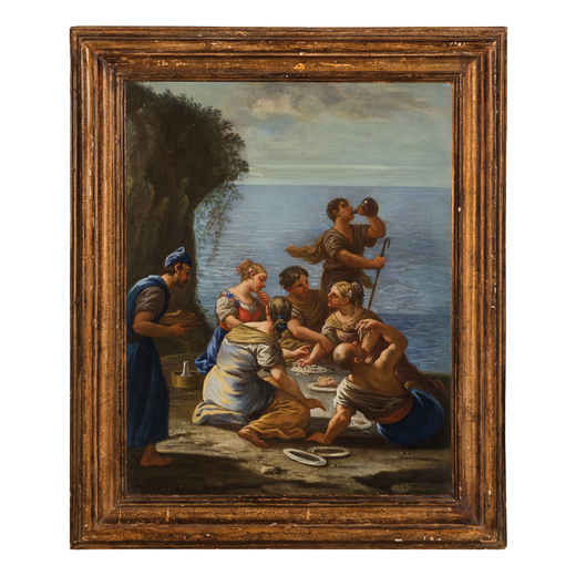 PIETRO FABRIS (attr. a) (Napoli, 1740 - 1792)<br>Pescatori che mangiano <br>Olio su tela, cm 75X62