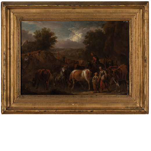 PITTORE DEL XVII-XVIII SECOLO Paesaggio con cavalieri e figure<br>Olio su tela, cm 34X58