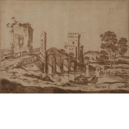 PITTORE DEL XVII-XVIII SECOLO Veduta di Ponte Milvio<br>Seppia su carta, cm 25X35