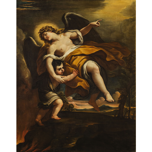 PITTORE DEL XVII-XVIII SECOLO LAngelo Custode<br>Olio su tela, cm 127,5X102,5