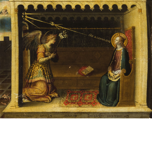 PITTORE FIORENTINO DEL XVI-XVII SECOLO Annunciazione<br>Olio su tavola, cm 30X38,5