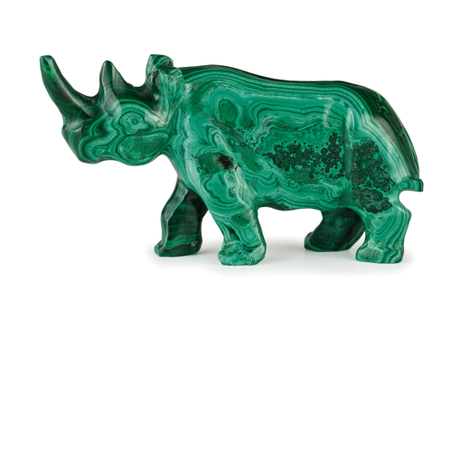FIGURA IN MALACHITE, XX SECOLO raffigurante rinoceronte; poche usure, sbeccatura nel corno<br>Alt. c