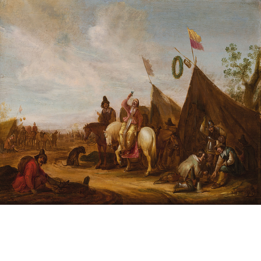 ABRAHAM VAN DER HOEF  (Haarlem 1611 - 1666, attivo a Delft tra il 1644 e il 1651)<br>Accampamento mi