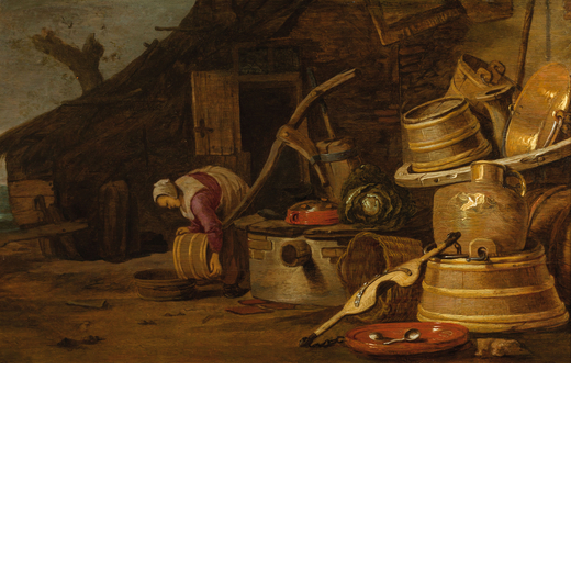 FRANÇOIS RYCKHALS (attr. a) (Middelburg, 1600 - 1647)<br>Casolare con contadina<br>Olio su tavola, 