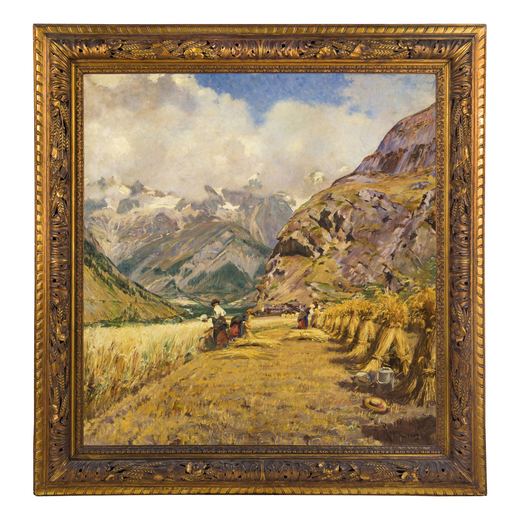 ALBERTO ROSSI Torino, 1858 ; 1936<br>Mietitura in Val dAosta<br>Firmato  A Rossi  e datato 1909 in b