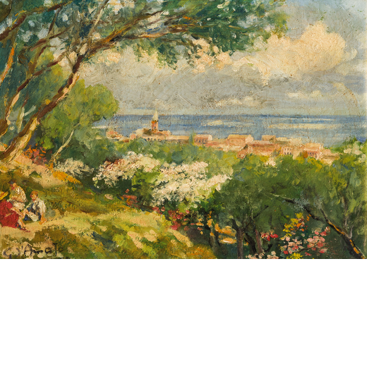 GENNARO DAMATO Napoli, 1857 ; Pieve Ligure, 1947<br>Picnic sulle alture di Bogliasco<br>Firmato G DA