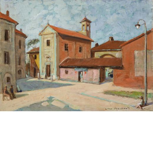LINO PERISSINOTTI Oderzo, 1897 ; Chiavari, 1967<br>Veduta di piazza a Chiavari<br>Firmato Lino Peris