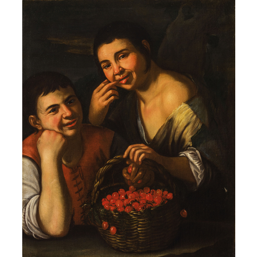 PITTORE DEL XVII SECOLO Giovani contadini con cesto di ciliegie<br>Olio su tela, cm 76X63