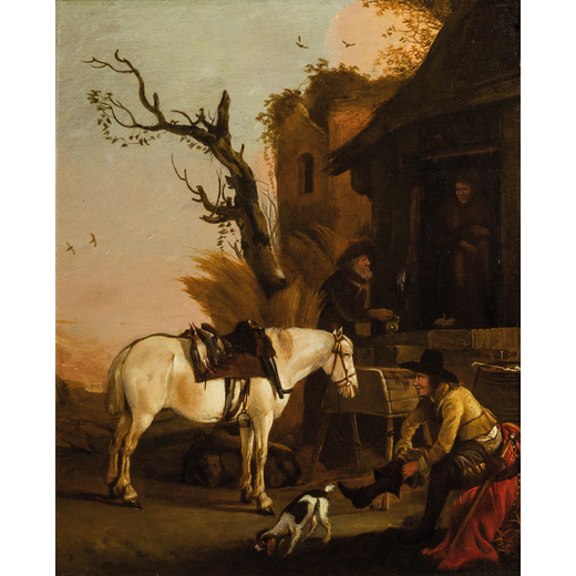 PHILIPS WOUWERMAN (maniera di) (Haarlem, 1619 - 1668)<br>Scena campestre con casolare, cavallo e fig