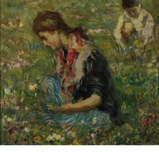 ANTONIO PIATTI Viggiù, 1875 ; 1962<br>Donna che raccoglie i fiori nel prato <br>Firmato A Piatti e 
