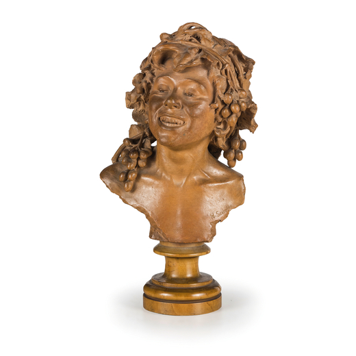 NICOLA SCUOTTO (attivo nel XIX-XX secolo)<br>Scultura in terracotta raffigurante busto di Bacco, pog