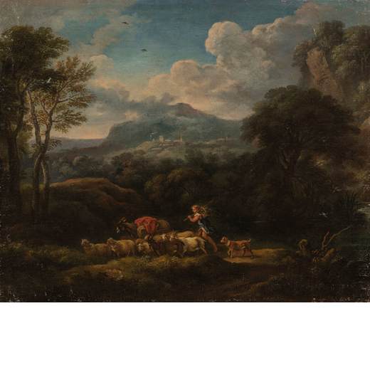 PITTORE DEL XVIII SECOLO  Paesaggio con pastore e armenti <br>Olio su tela, cm 40X60