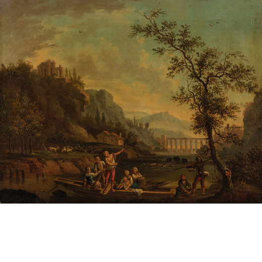 PITTORE DEL XVIII SECOLO  Paesaggio con fiume, barca e figure <br>Olio su tela, cm 45X58