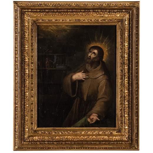 PITTORE DEL XVI-XVII SECOLO San Francesco <br>Olio su rame, cm 31X24