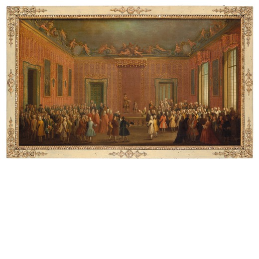 PITTORE DEL XVIII SECOLO  Carlo III lascia il trono di Napoli a Ferdinando IV <br>Olio su tela, cm 5