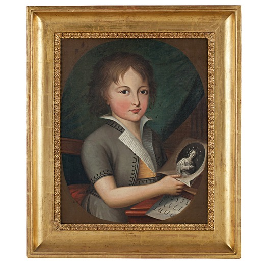 PITTORE DEL XIX SECOLO Ritratto di giovinetta con libri e stampe<br>Olio su tela, cm 47,5X38,5<br>
