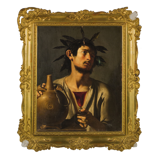 PITTORE DEL XVII-XVIII SECOLO Ritratto di uomo come bacco<br>Olio su tela, cm 76X61
