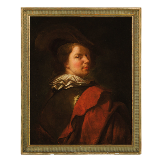 PITTORE DEL XVIII SECOLO  Ritratto di giovane con mantello rosso e armatura<br>Olio su tela, cm 82X6