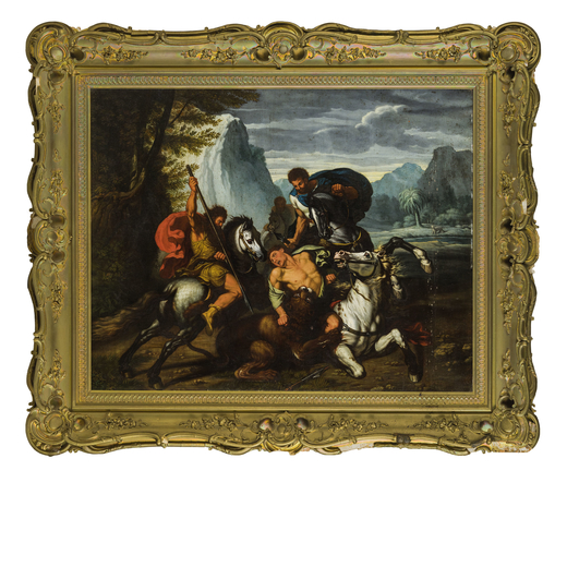 PITTORE DEL XVIII SECOLO  Gruppo di cavalieri assaliti da un leone<br>Olio su tela, cm 87X111
