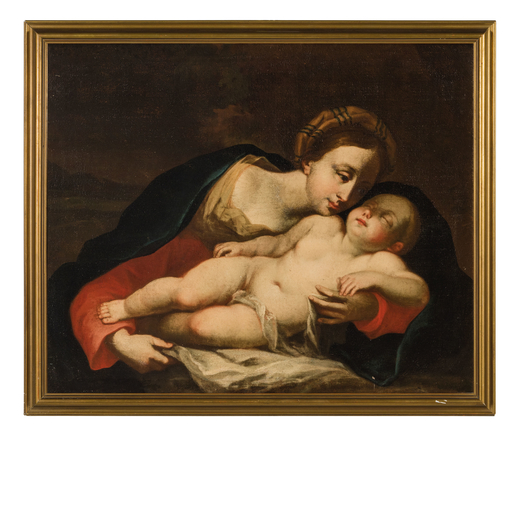 PITTORE BOLOGNESE DEL XVII-XVIII SECOLO Madonna col Bambino<br>Olio su tela, cm 75X91,5