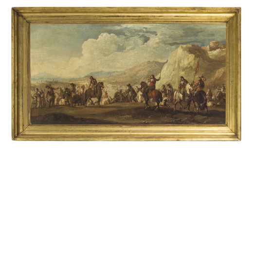 FRANCESCO SIMONINI (Parma, 1686 - Firenze, 1753)<br>Battaglia<br>Olio su tela, cm 44,5X88