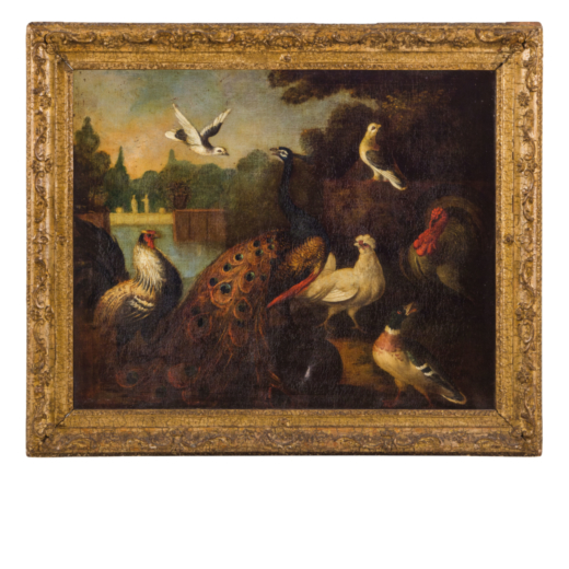 MELCHIOR DE HONDECOETER (attr. a) (Utrecht, 1636 -  Amsterdam, 1695)<br>Paesaggio con animali<br>Oli