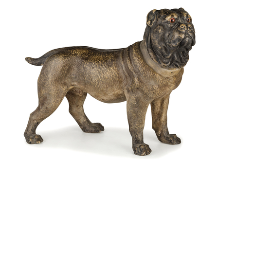 SCULTURA IN STUCCO DIPINTO, XX SECOLO raffigurante bulldog con occhi in vetro; usure, il collare man