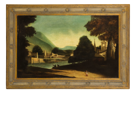 SCUOLA ITALIANA DEL XVIII-XIX SECOLO  Paesaggio <br>Olio su tela, cm 77X126