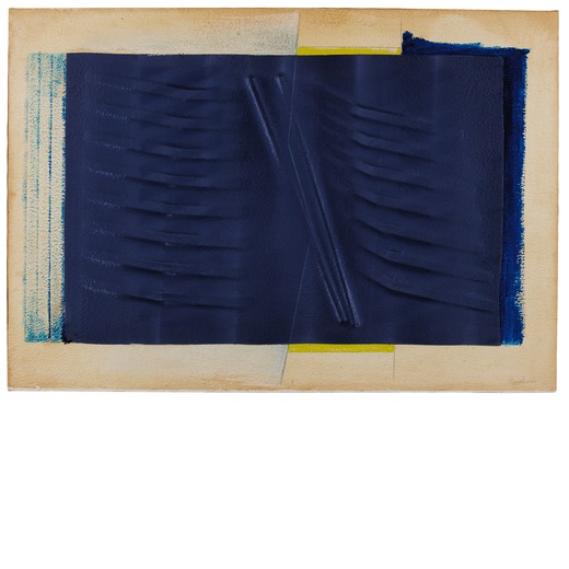 AGOSTINO BONALUMI  (Vimercate 1935)<br>Blu, 1987<br>Tempera e collage di seta su carta intelata estr