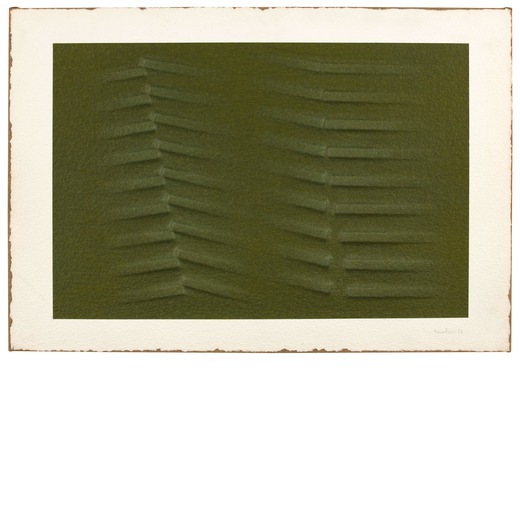 AGOSTINO BONALUMI (Vimercate 1935)<br>Verde, 1986<br>Tecnica mista su carta intelata estroflessa, cm