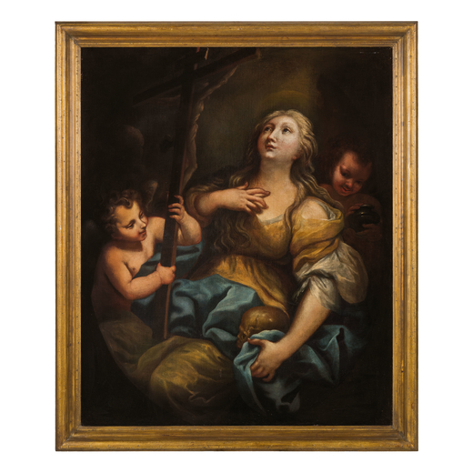 PITTORE ATTIVO A ROMA NEL XVII-XVIII SECOLO Maria Maddalena confortata dagli angeli<br>Olio su tela,