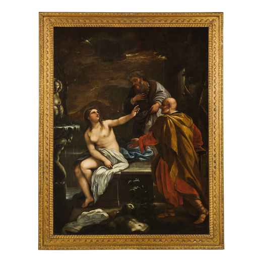 ANDREA MIGLIONICO (Montepeloso, 1662 - Ginosa, 1711) <br>Susanna e i vecchioni <br>Olio su tela, cm 