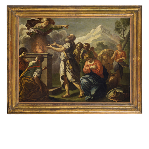 PITTORE DEL XVII SECOLO Il sacrificio di Mosè<br>Olio su tela, cm 102X133
