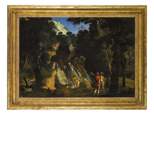 PANDOLFO RESCHI (cerchia di) (Danzica, 1643 - Firenze, 1696)<br>Paesaggio con cascata e figure<br>Ol